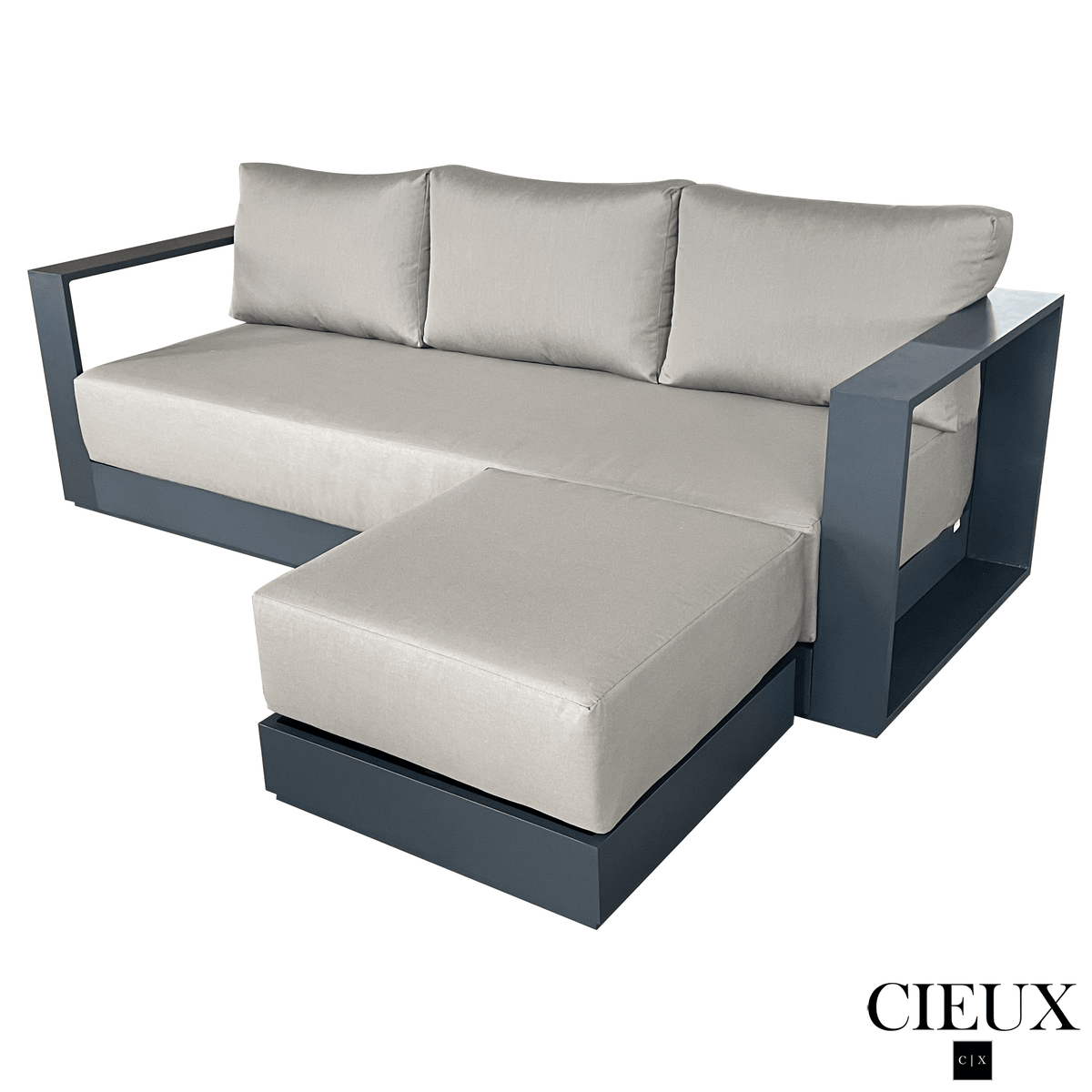 CIEUX Lyon Outdoor Patio Aluminum Metal Medium Sectional Sofa in Midnight Grey with Sunbrella Cushions, image 11