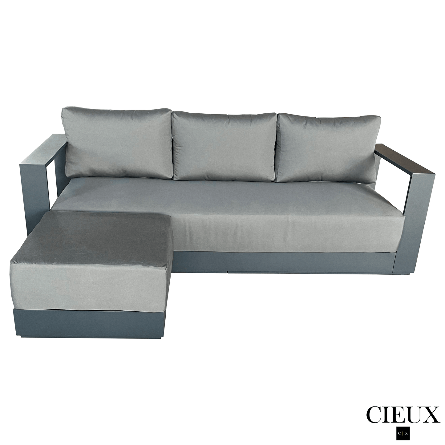 CIEUX Lyon Outdoor Patio Aluminum Metal Medium Sectional Sofa in Midnight Grey with Sunbrella Cushions in Canvas Charcoal, image 4