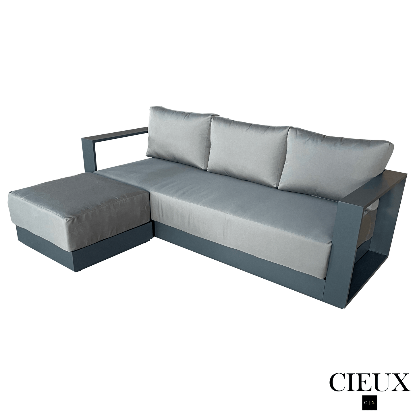 CIEUX Lyon Outdoor Patio Aluminum Metal Medium Sectional Sofa in Midnight Grey with Sunbrella Cushions in Canvas Charcoal, image 5