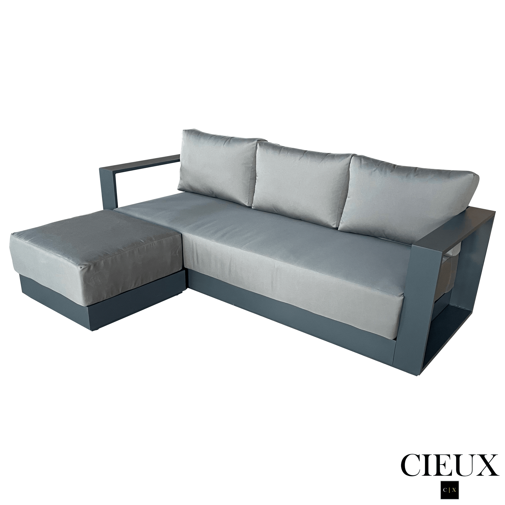 CIEUX Lyon Outdoor Patio Aluminum Metal Medium Sectional Sofa in Midnight Grey with Sunbrella Cushions in Canvas Charcoal, image 5