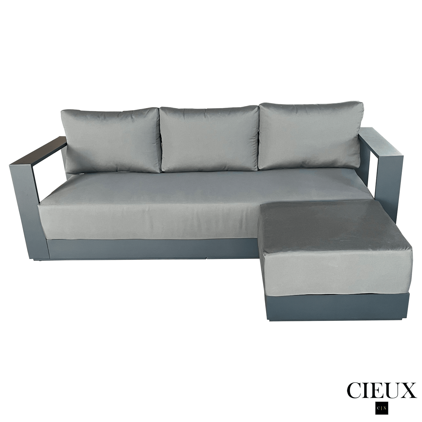 CIEUX Lyon Outdoor Patio Aluminum Metal Medium Sectional Sofa in Midnight Grey with Sunbrella Cushions in Canvas Charcoal, image 3