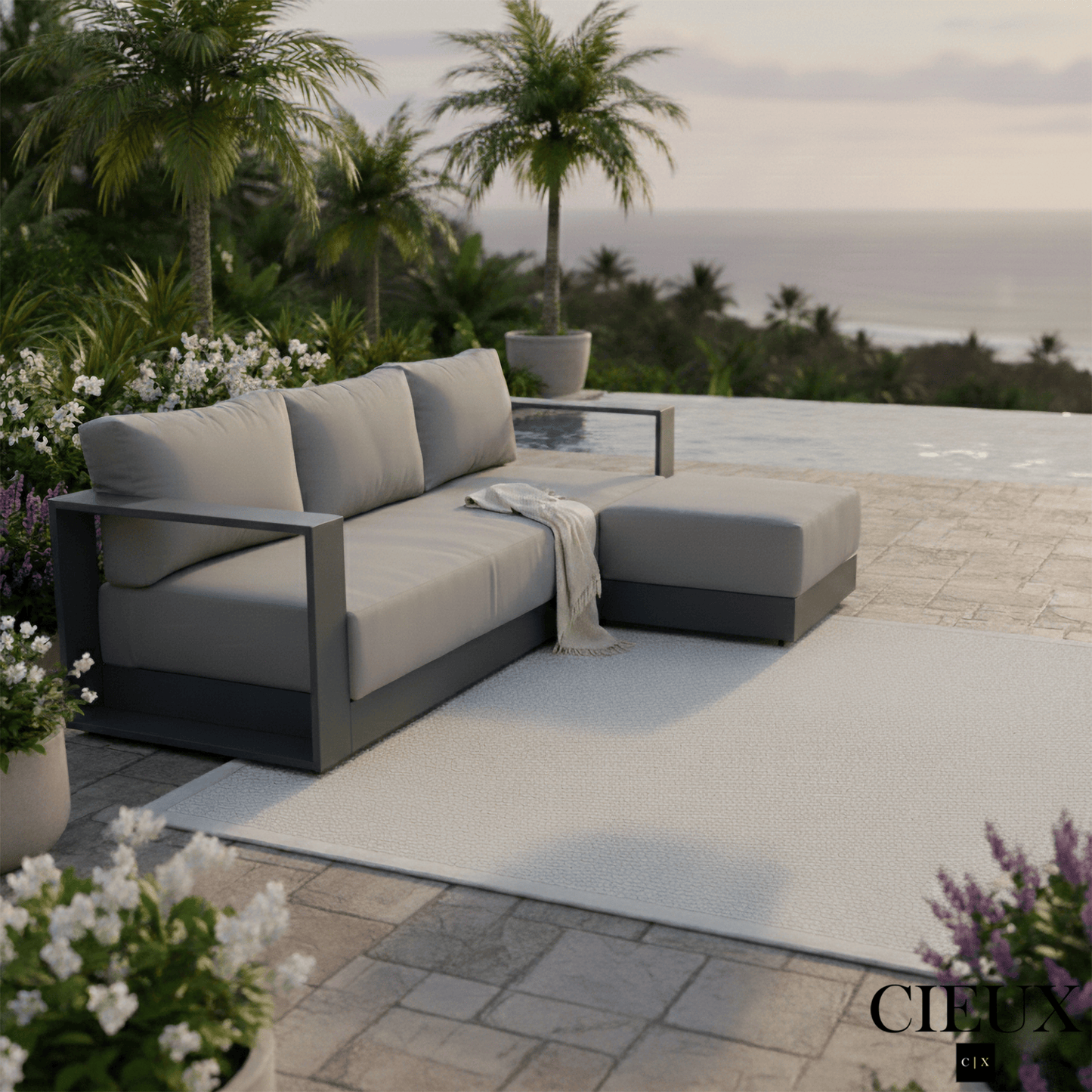 CIEUX Sectional Lyon Outdoor Patio Aluminum Metal Medium Sectional Sofa in Midnight Grey with Sunbrella Cushions in Canvas Charcoal