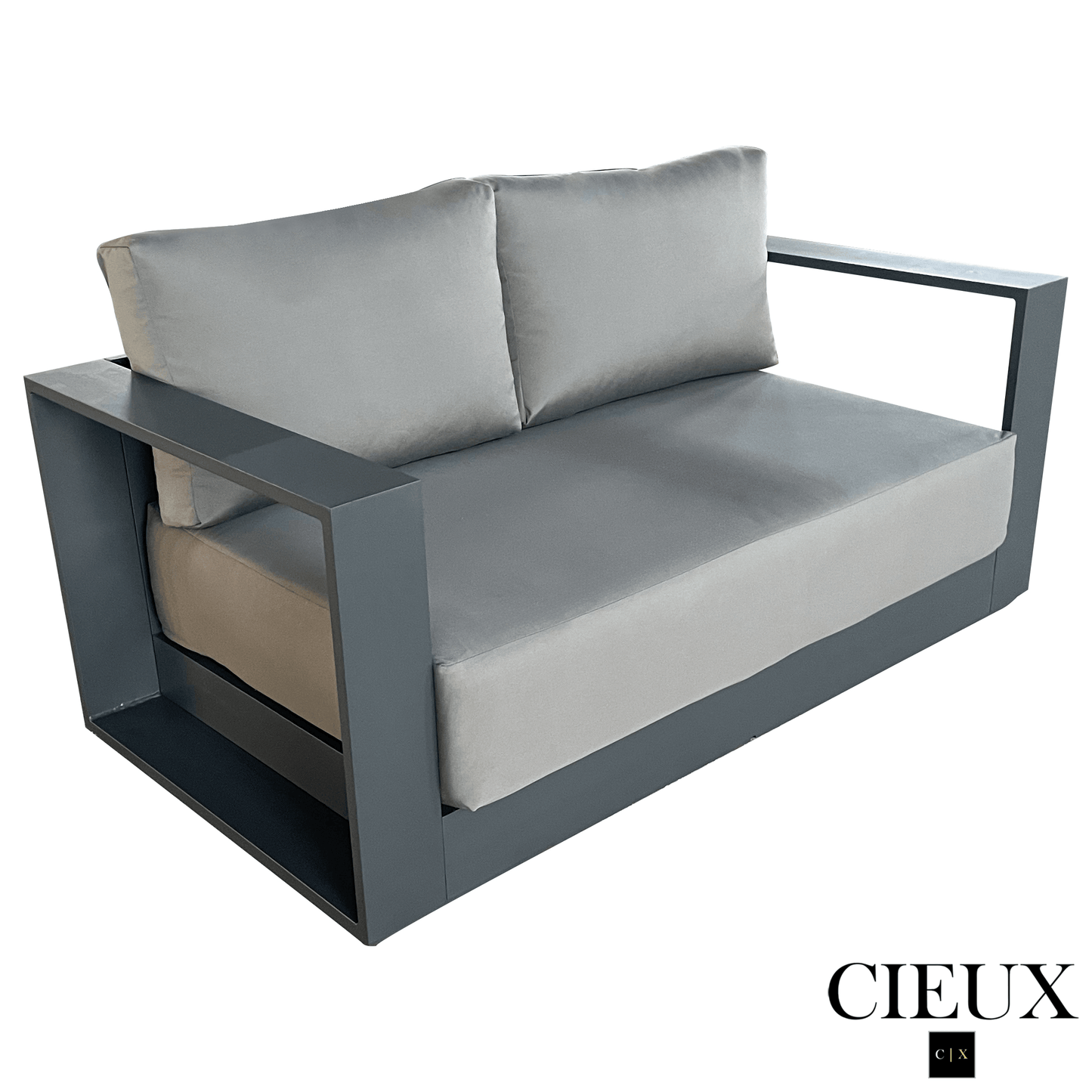 CIEUX Lyon 4 Piece Outdoor Patio Aluminum Metal Loveseat and 2 Club Chairs Conversation Set with Alsace Fire Pit Adjustable Height Table in Midnight Grey with Sunbrella Cushions in Canvas Charcoal, image 4