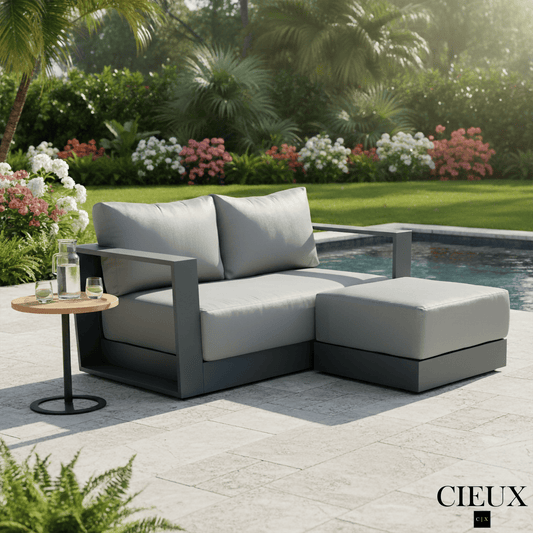 CIEUX Sectional Lyon Outdoor Patio Aluminum Metal Small Sectional Sofa in Midnight Grey with Sunbrella Cushions in Canvas Charcoal
