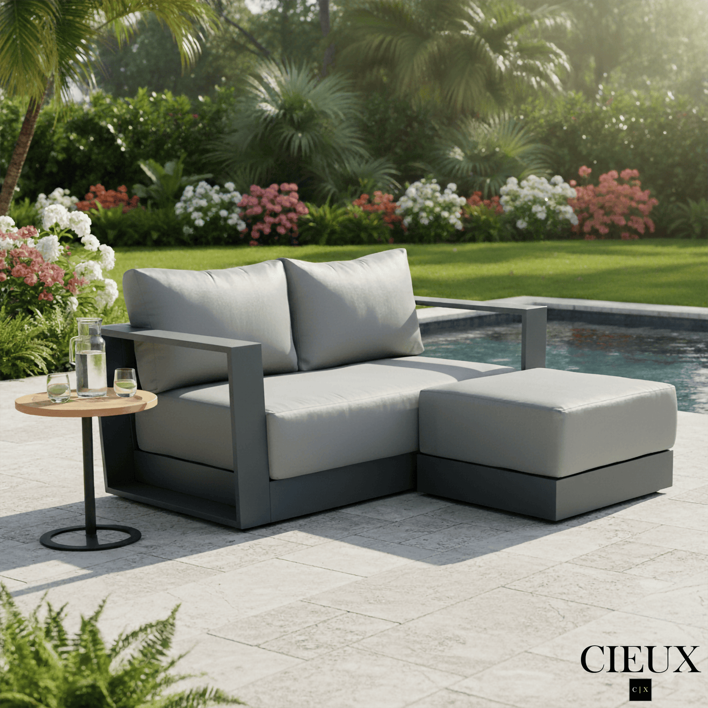 CIEUX Lyon Outdoor Patio Aluminum Metal Small Sectional Sofa in Midnight Grey with Sunbrella Cushions in Canvas Charcoal, image 1