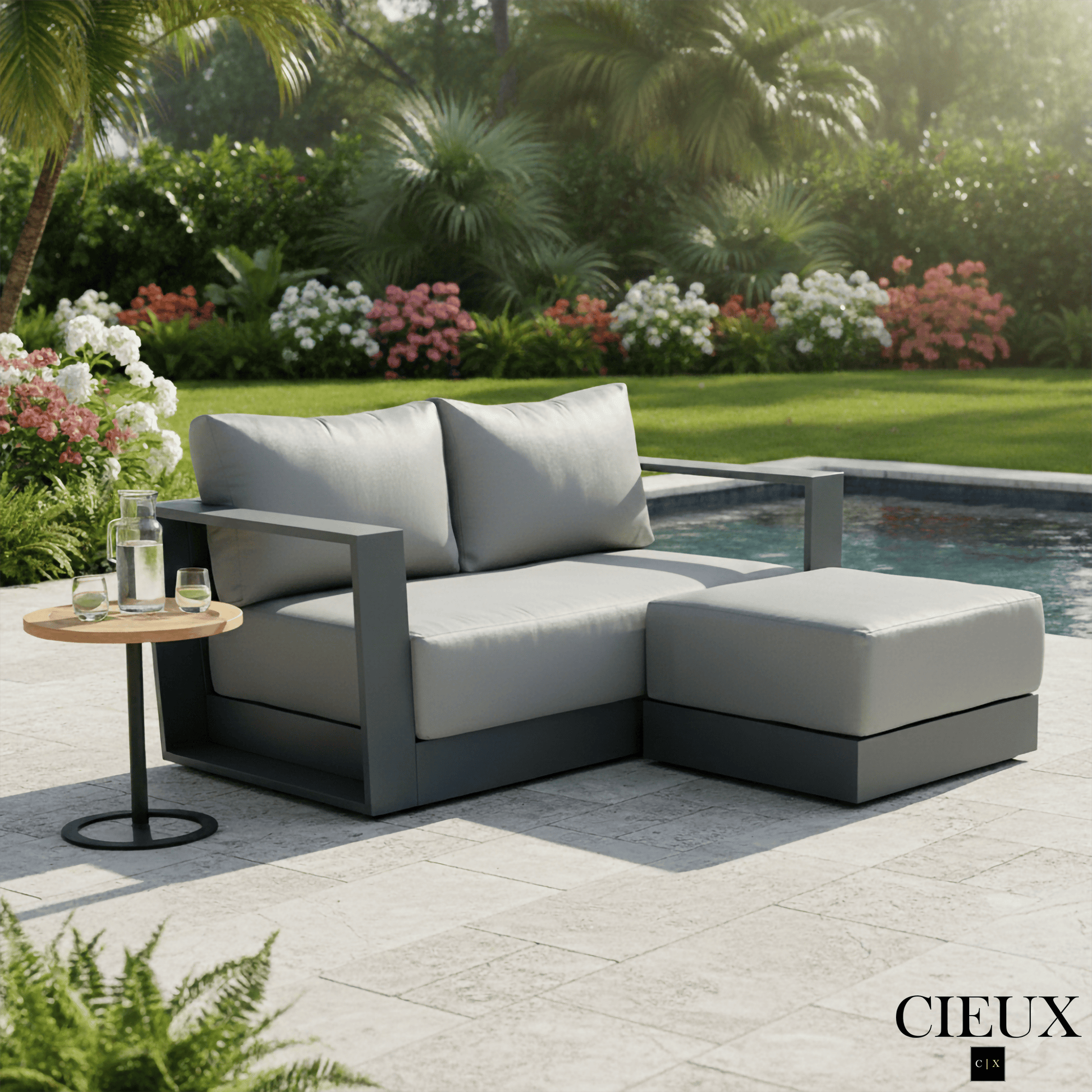 CIEUX Lyon Outdoor Patio Aluminum Metal Small Sectional Sofa in Midnight Grey with Sunbrella Cushions in Canvas Charcoal, image 1
