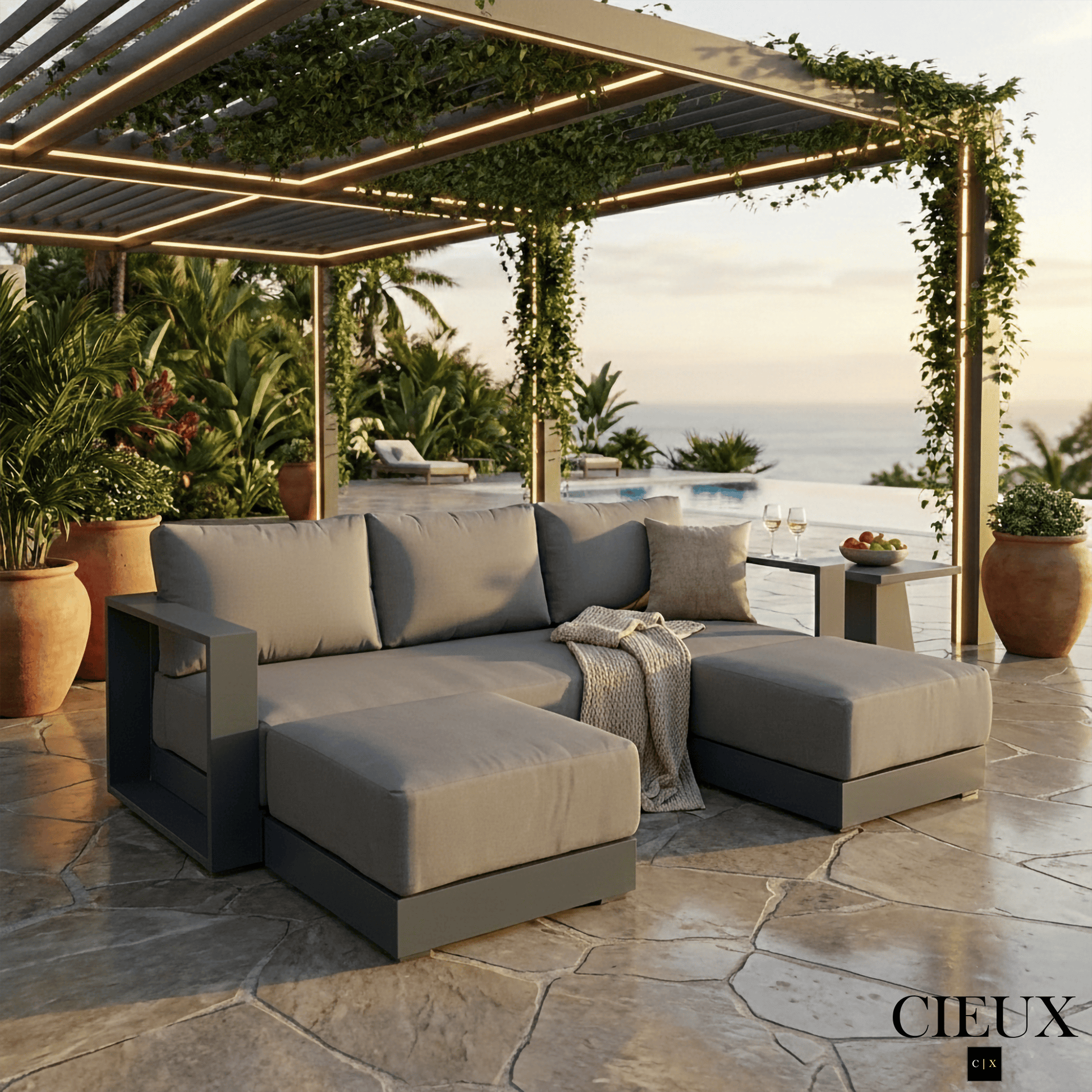 CIEUX Sectional Lyon Outdoor Patio Aluminum Metal U-Shaped Sectional Sofa in Midnight Grey with Sunbrella Cushions in Canvas Charcoal