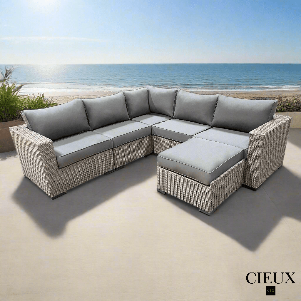CIEUX Sectional Riviera Outdoor Patio Wicker Corner Sectional Sofa and Ottoman Set in Grey with Sunbrella Canvas Charcoal Cushions