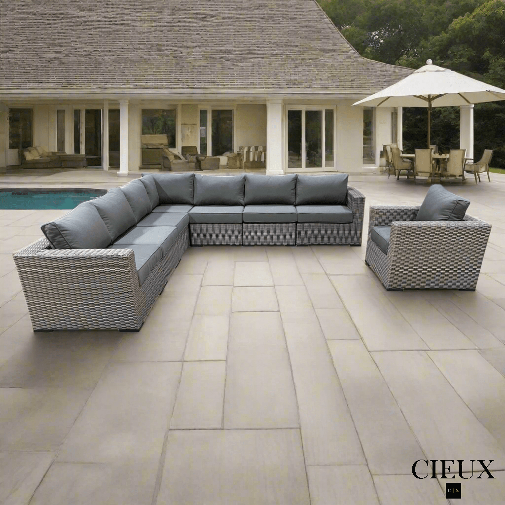 CIEUX Sectional Riviera Outdoor Patio Wicker Large Corner Sectional Sofa and Club Chair Set in Grey with Sunbrella Canvas Charcoal Cushions