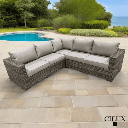 CIEUX Sectional Valence Outdoor Patio Wicker Corner Sectional Sofa in Brown with Sunbrella Canvas Taupe Cushions