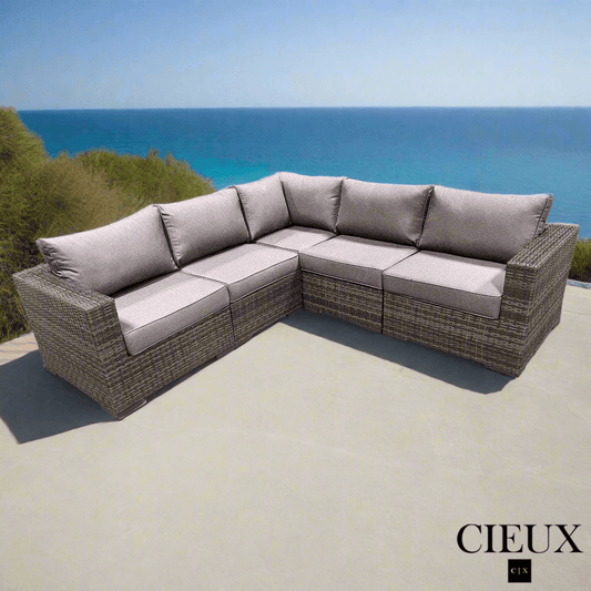 CIEUX Sectional Valence Outdoor Patio Wicker Corner Sectional Sofa in Brown with Sunbrella Canvas Taupe Cushions