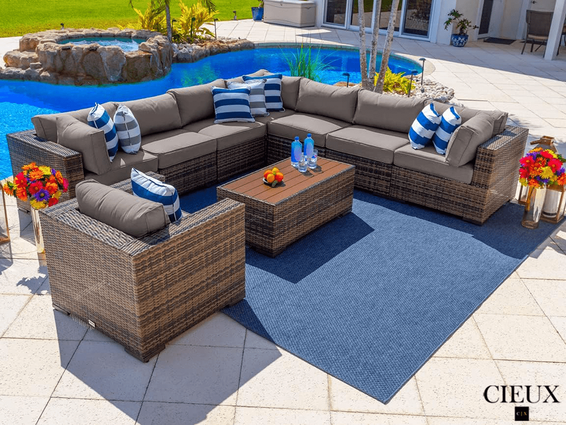 CIEUX Sectional Valence Outdoor Patio Wicker Large Corner Sectional Sofa, Club Chair and Coffee Table Set in Brown with Sunbrella Canvas Taupe Cushions