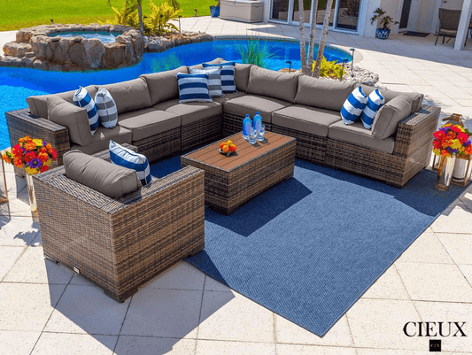 CIEUX Sectional Valence Outdoor Patio Wicker Large Corner Sectional Sofa, Club Chair and Coffee Table Set in Brown with Sunbrella Canvas Taupe Cushions