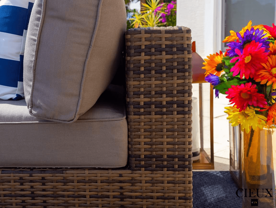 CIEUX Sectional Valence Outdoor Patio Wicker Large Corner Sectional Sofa, Club Chair and Coffee Table Set in Brown with Sunbrella Canvas Taupe Cushions