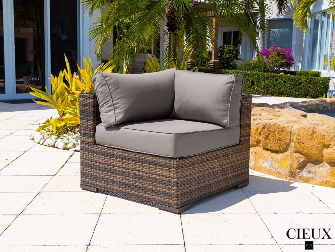 CIEUX Sectional Valence Outdoor Patio Wicker Large Corner Sectional Sofa, Club Chair and Coffee Table Set in Brown with Sunbrella Canvas Taupe Cushions