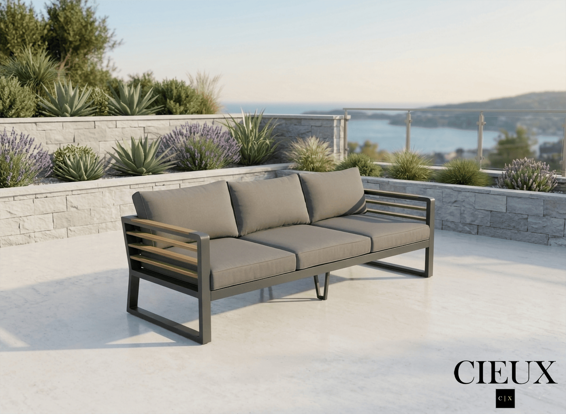 CIEUX Sofa Avignon Outdoor Patio Aluminum Metal Sofa in Midnight Grey with Sunbrella Cushions in Canvas Charcoal