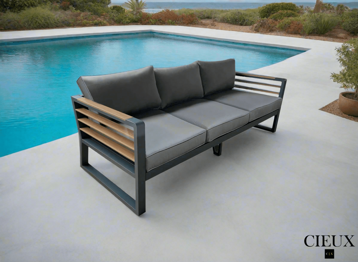 Avignon Outdoor Patio Aluminum Metal Sofa in Midnight Grey with Sunbrella Cushions in Canvas Charcoal