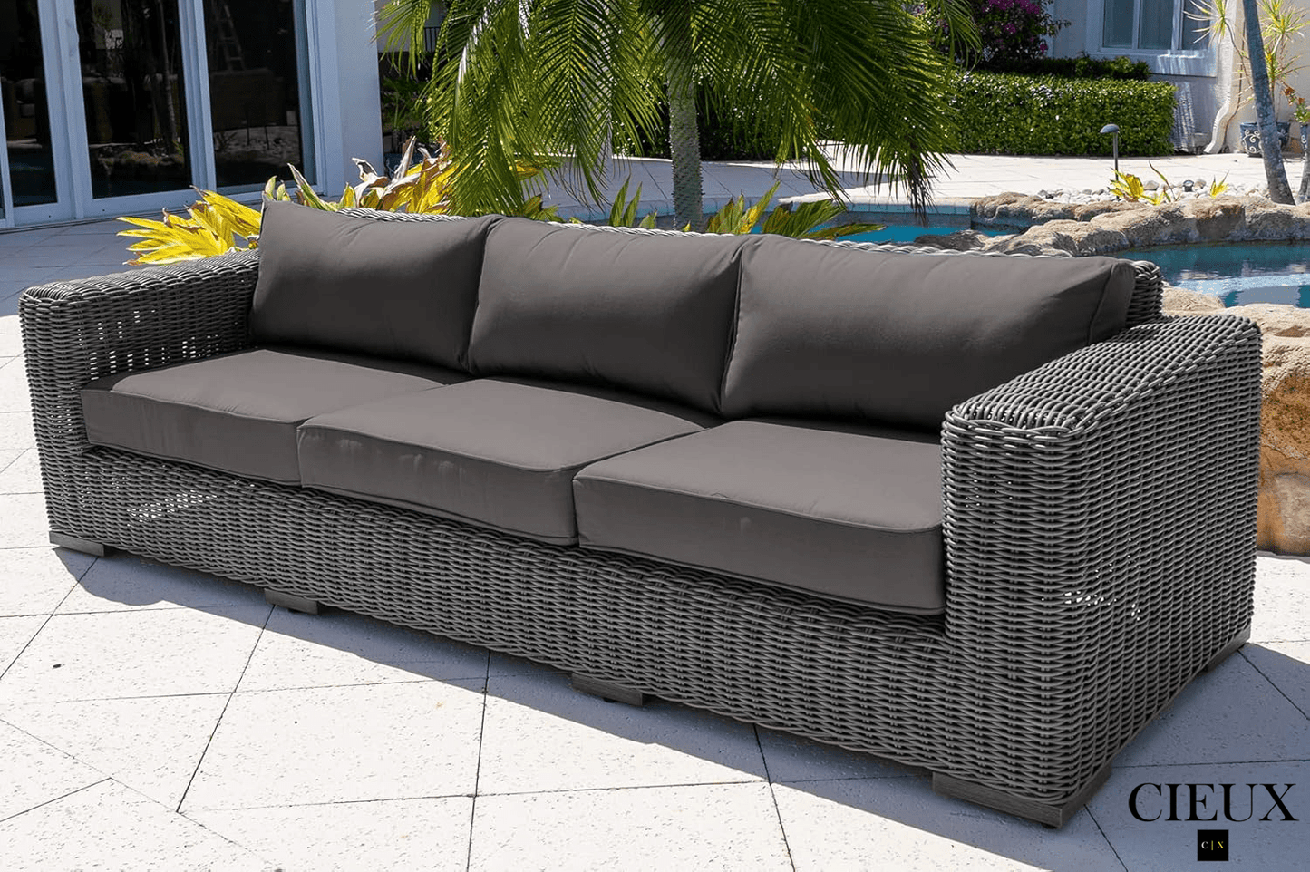 CIEUX Champagne Outdoor Patio Wicker Sofa in Grey with Sunbrella Cushions, image 6