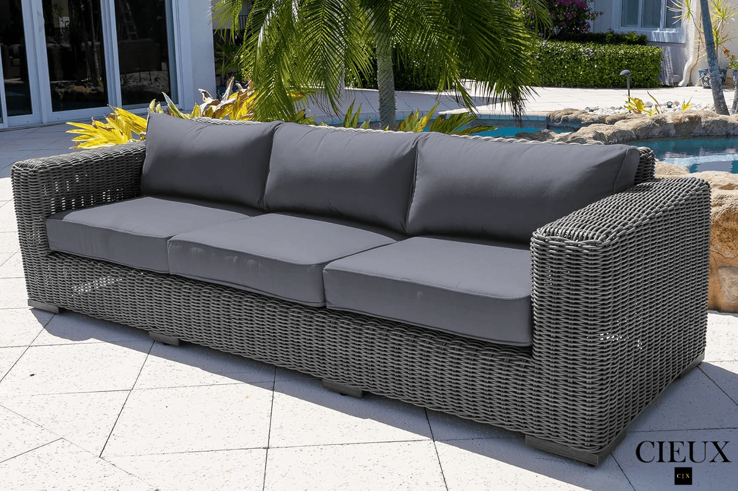 CIEUX Champagne Outdoor Patio Wicker Sofa in Grey with Sunbrella Cushions, image 2