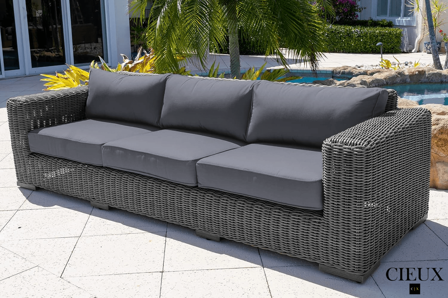 CIEUX Champagne Outdoor Patio Wicker Sofa in Grey with Sunbrella Cushions, image 2