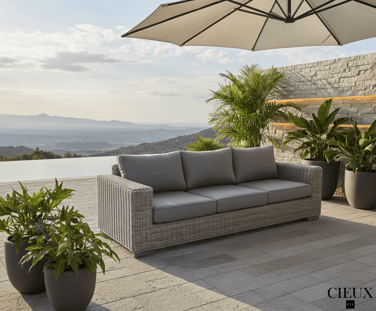 CIEUX Champagne Outdoor Patio Wicker Sofa in Grey with Sunbrella Cushions, image 1