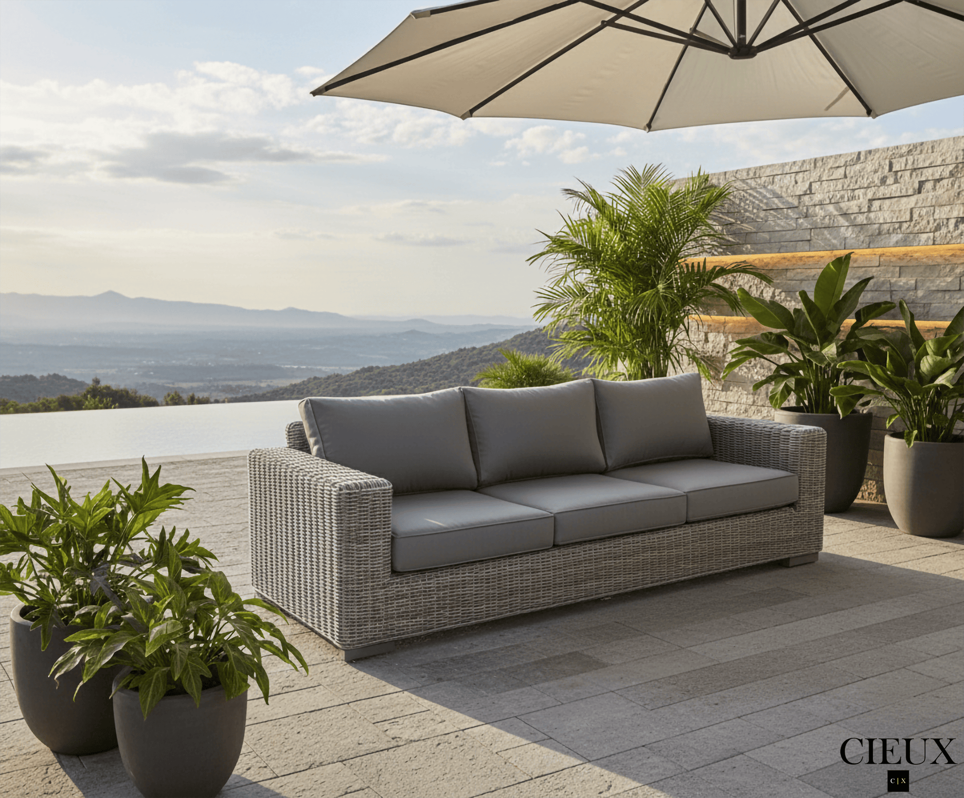 CIEUX Champagne Outdoor Patio Wicker Sofa in Grey with Sunbrella Cushions, image 1
