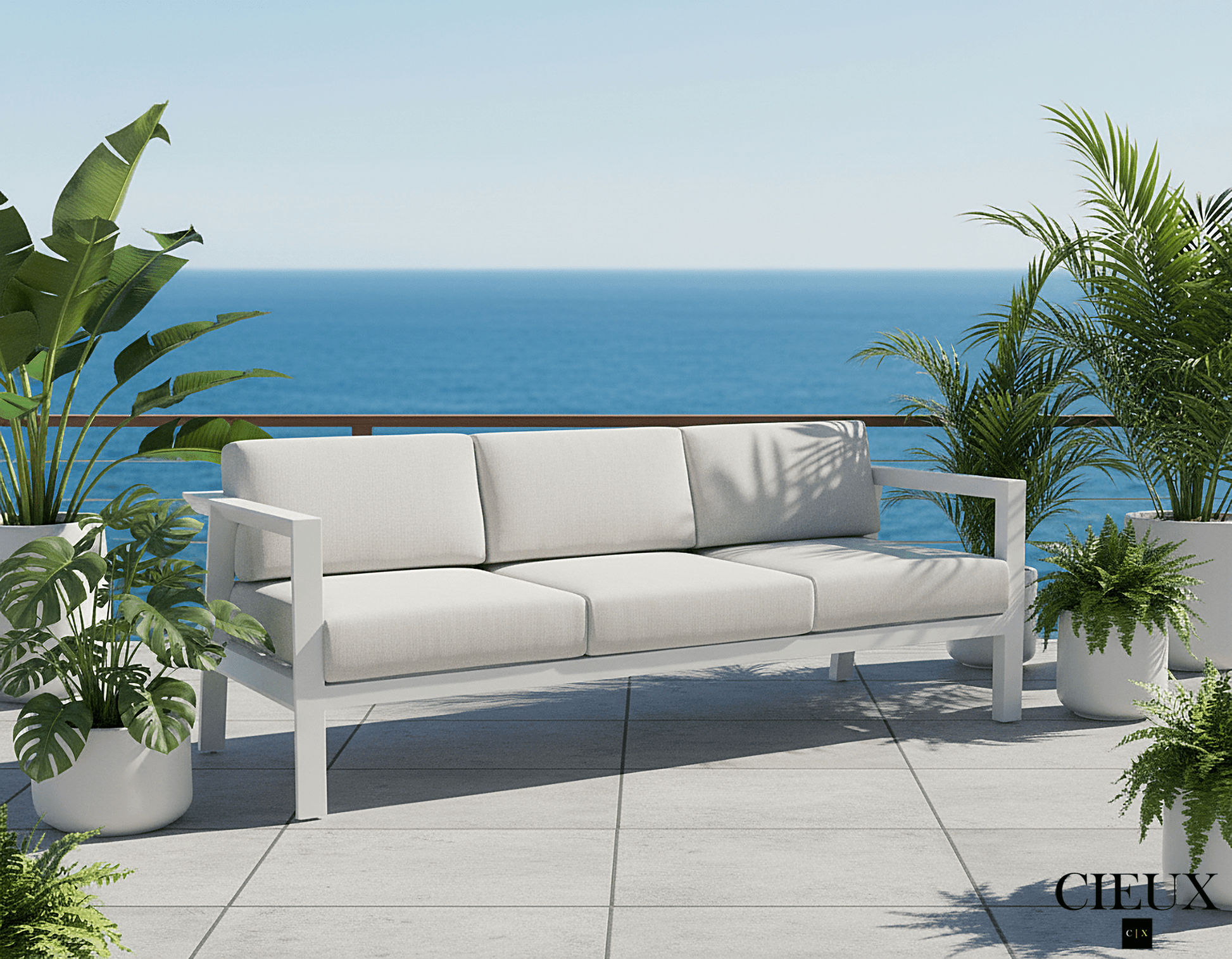 CIEUX Sofa Corsica Outdoor Patio Aluminum Metal Sofa in White with Sunbrella Cushions - Available in 2 Colours