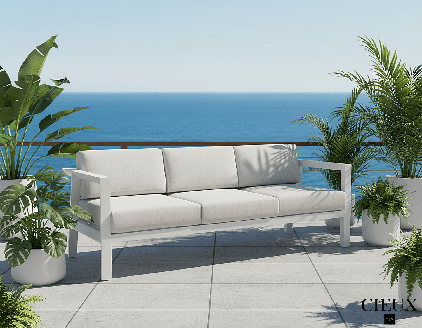 CIEUX Corsica Outdoor Patio Aluminum Metal Sofa in White with Sunbrella Cushions, image 1