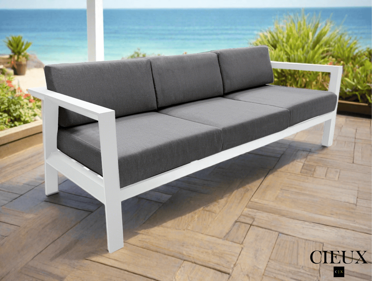 CIEUX Corsica Outdoor Patio Aluminum Metal Sofa in White with Sunbrella Cushions, image 2