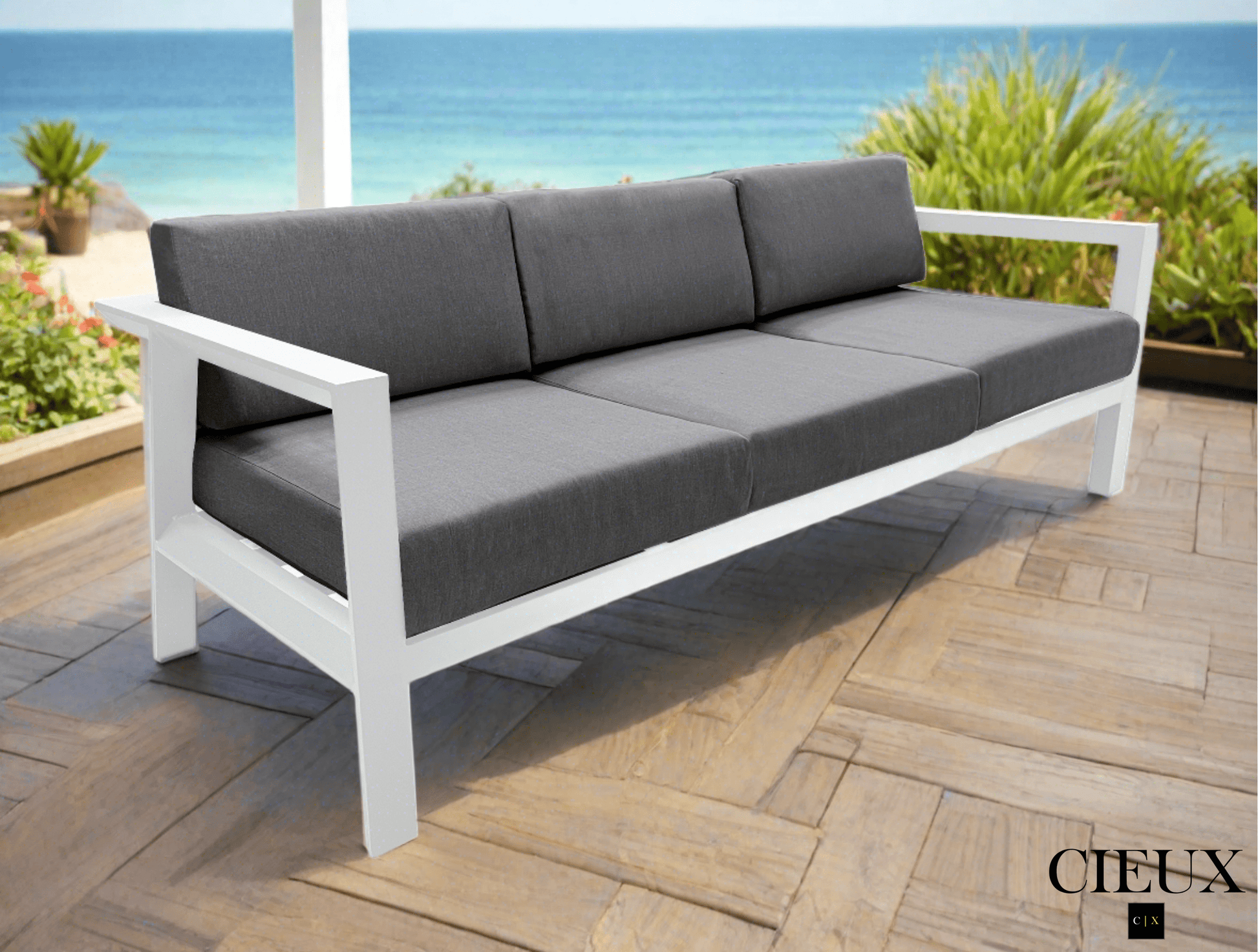 CIEUX Corsica Outdoor Patio Aluminum Metal Sofa in White with Sunbrella Cushions, image 2