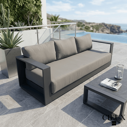CIEUX Sofa Lyon Outdoor Patio Aluminum Metal Sofa in Midnight Grey with Sunbrella Cushions - Available in 2 Colours