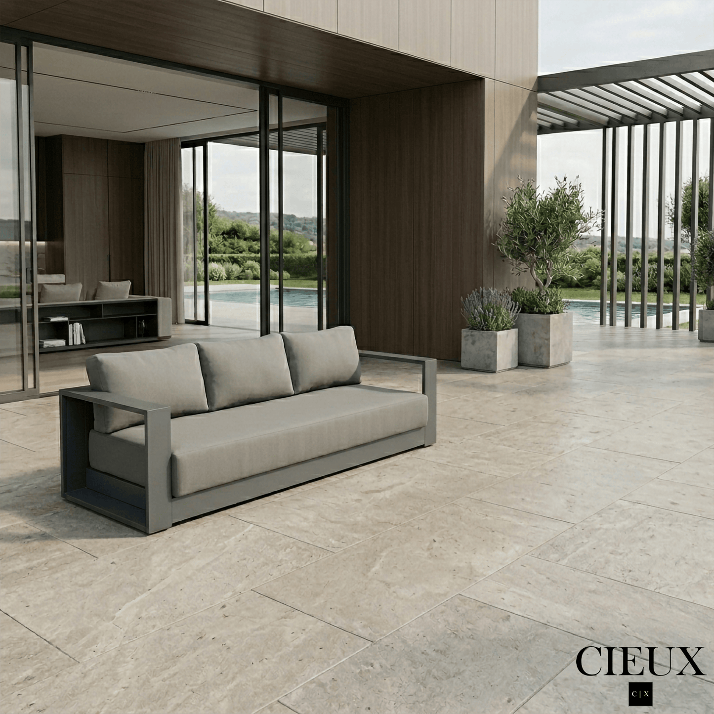 CIEUX Sofa Lyon Outdoor Patio Aluminum Metal Sofa in Midnight Grey with Sunbrella Cushions - Available in 2 Colours