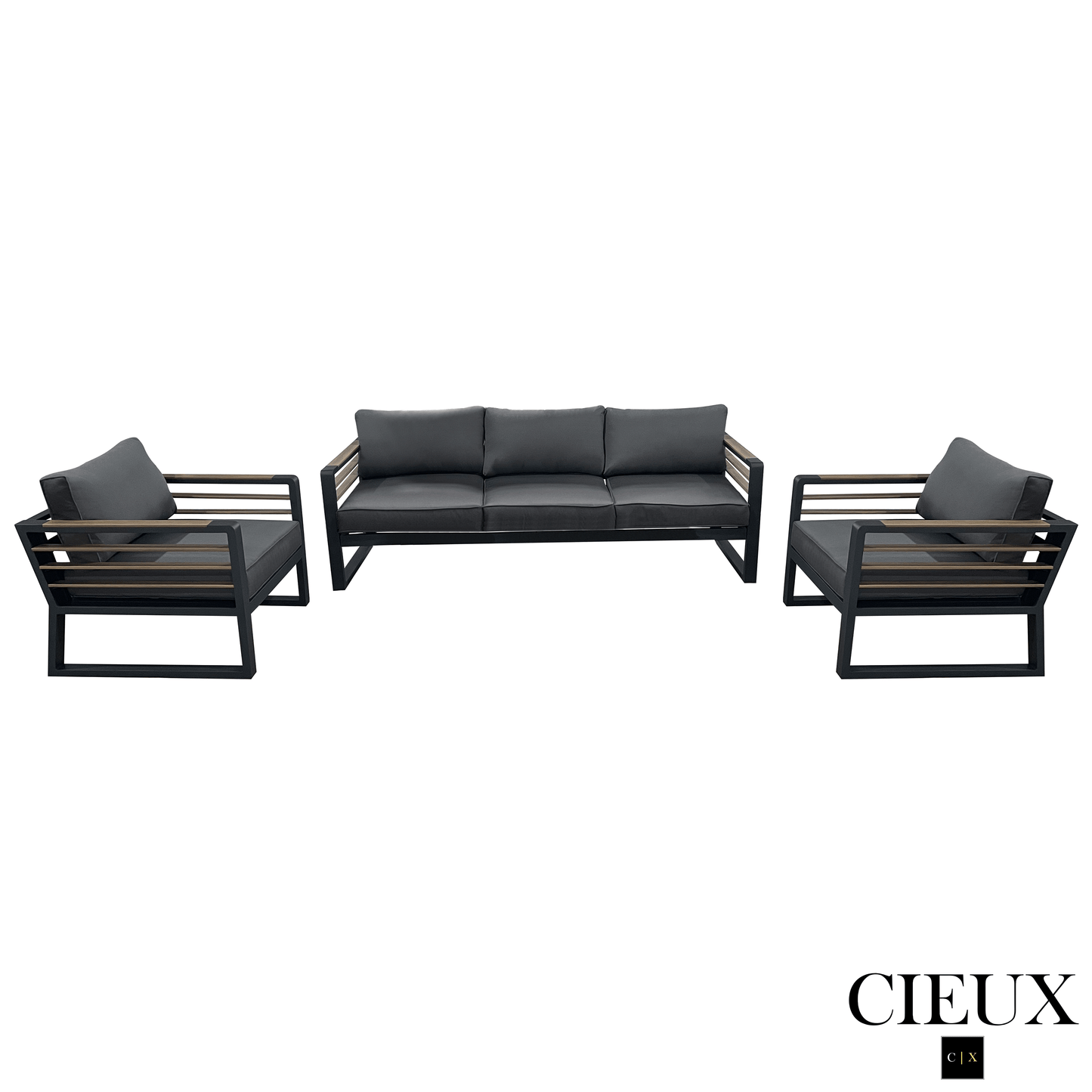 CIEUX Sofa Set Avignon 3 Piece Outdoor Patio Aluminum Metal Sofa and 2 Club Chairs Conversation Set in Midnight Grey with Sunbrella Cushions in Canvas Charcoal