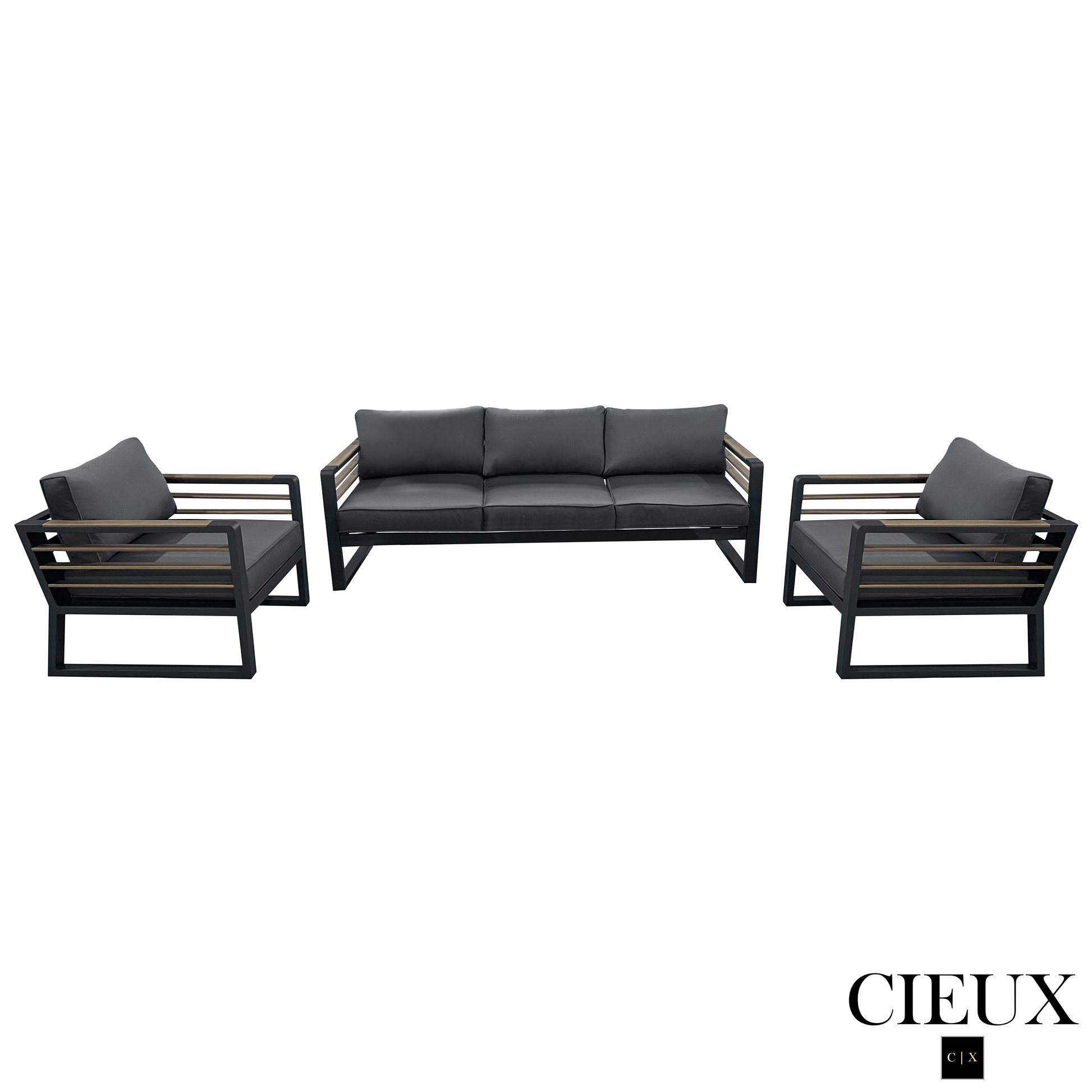 CIEUX Sofa Set Avignon 3 Piece Outdoor Patio Aluminum Metal Sofa and 2 Club Chairs Conversation Set in Midnight Grey with Sunbrella Cushions in Canvas Charcoal