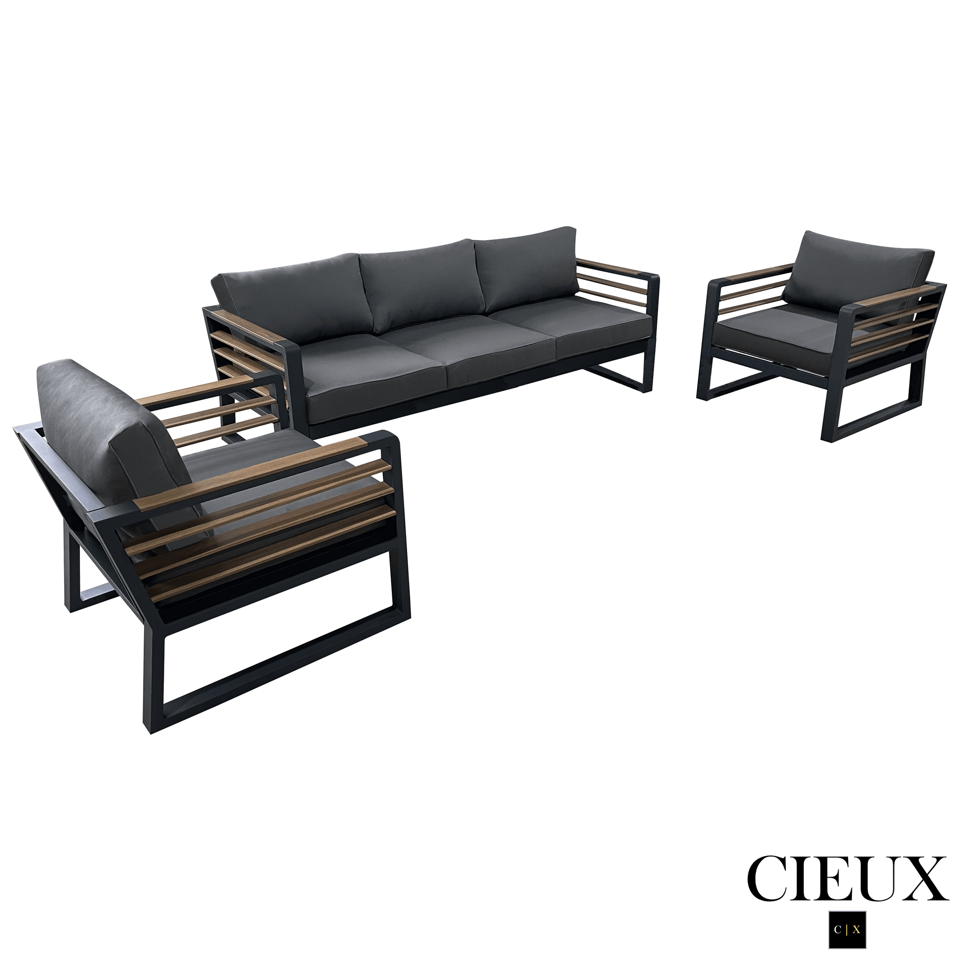 CIEUX Sofa Set Avignon 3 Piece Outdoor Patio Aluminum Metal Sofa and 2 Club Chairs Conversation Set in Midnight Grey with Sunbrella Cushions in Canvas Charcoal