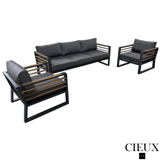 CIEUX Sofa Set Avignon 3 Piece Outdoor Patio Aluminum Metal Sofa and 2 Club Chairs Conversation Set in Midnight Grey with Sunbrella Cushions in Canvas Charcoal