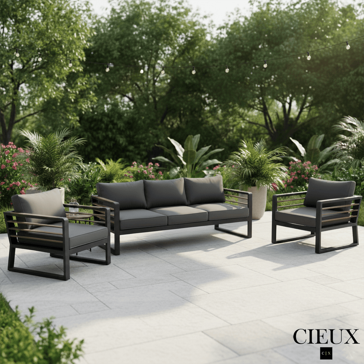 CIEUX Sofa Set Avignon 3 Piece Outdoor Patio Aluminum Metal Sofa and 2 Club Chairs Conversation Set in Midnight Grey with Sunbrella Cushions in Canvas Charcoal