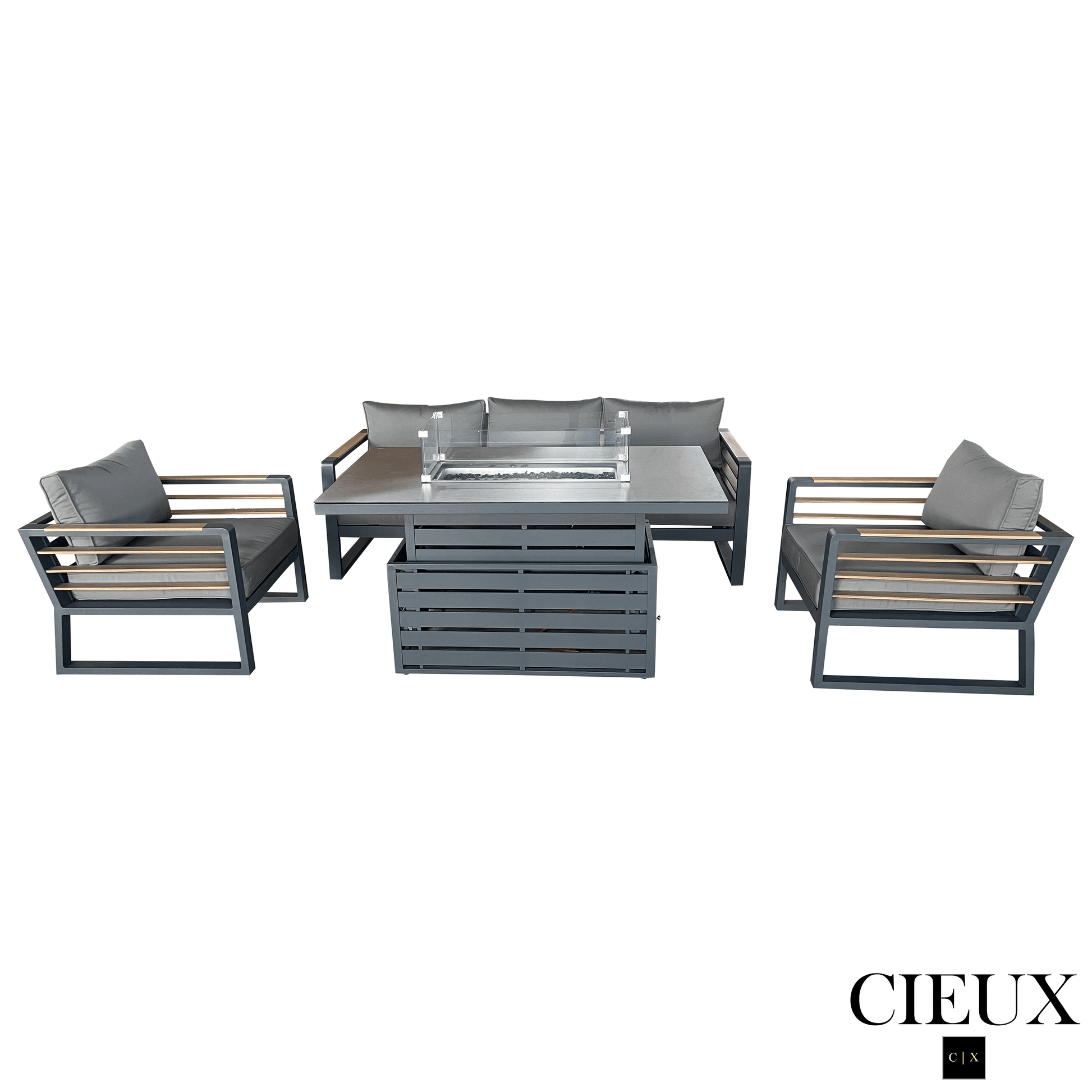 CIEUX Sofa Set Avignon 4 Piece Outdoor Patio Aluminum Metal Sofa and 2 Club Chairs Conversation Set with Alsace Fire Pit Adjustable Height Table in Midnight Grey with Sunbrella Cushions in Canvas Charcoal