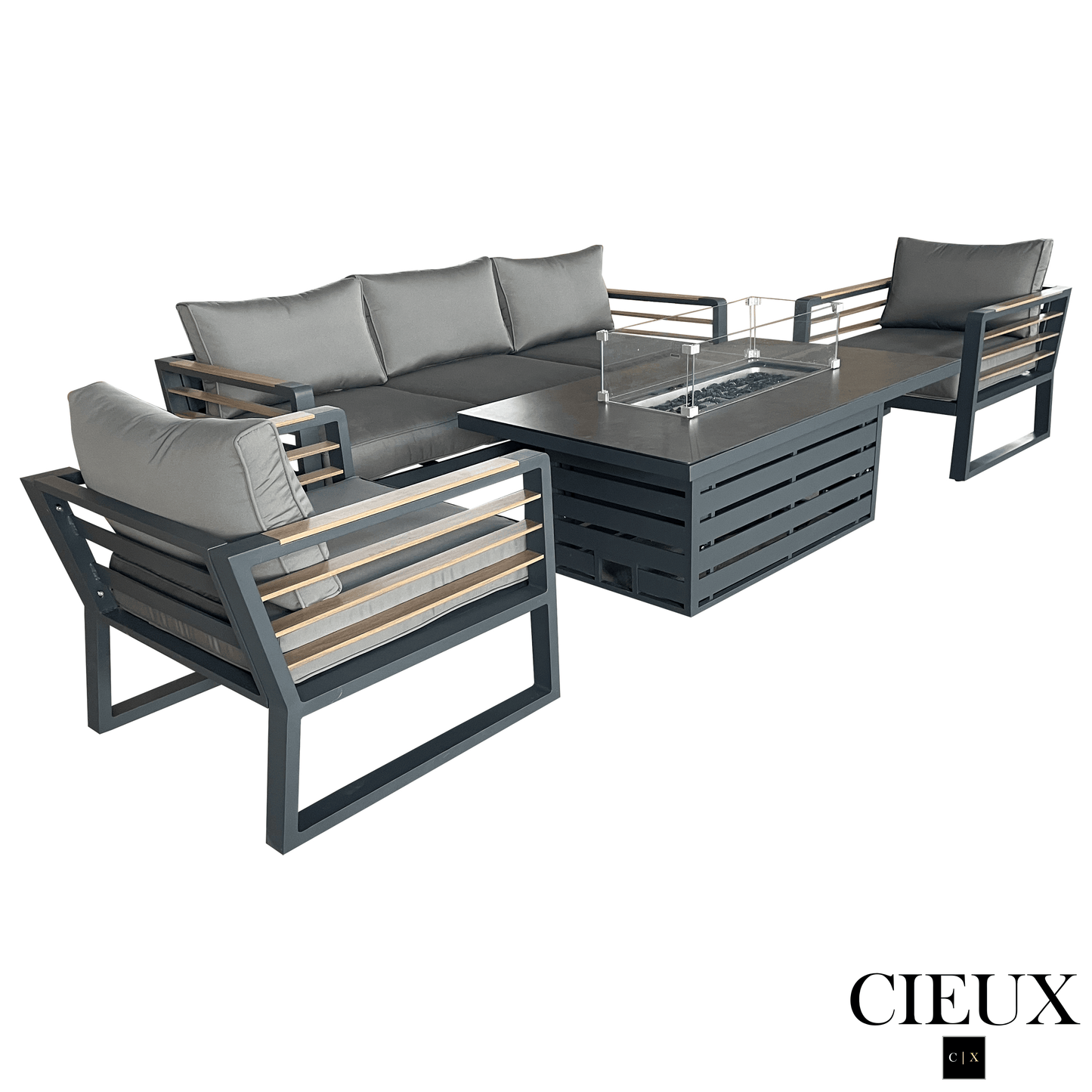 CIEUX Sofa Set Avignon 4 Piece Outdoor Patio Aluminum Metal Sofa and 2 Club Chairs Conversation Set with Alsace Fire Pit Adjustable Height Table in Midnight Grey with Sunbrella Cushions in Canvas Charcoal