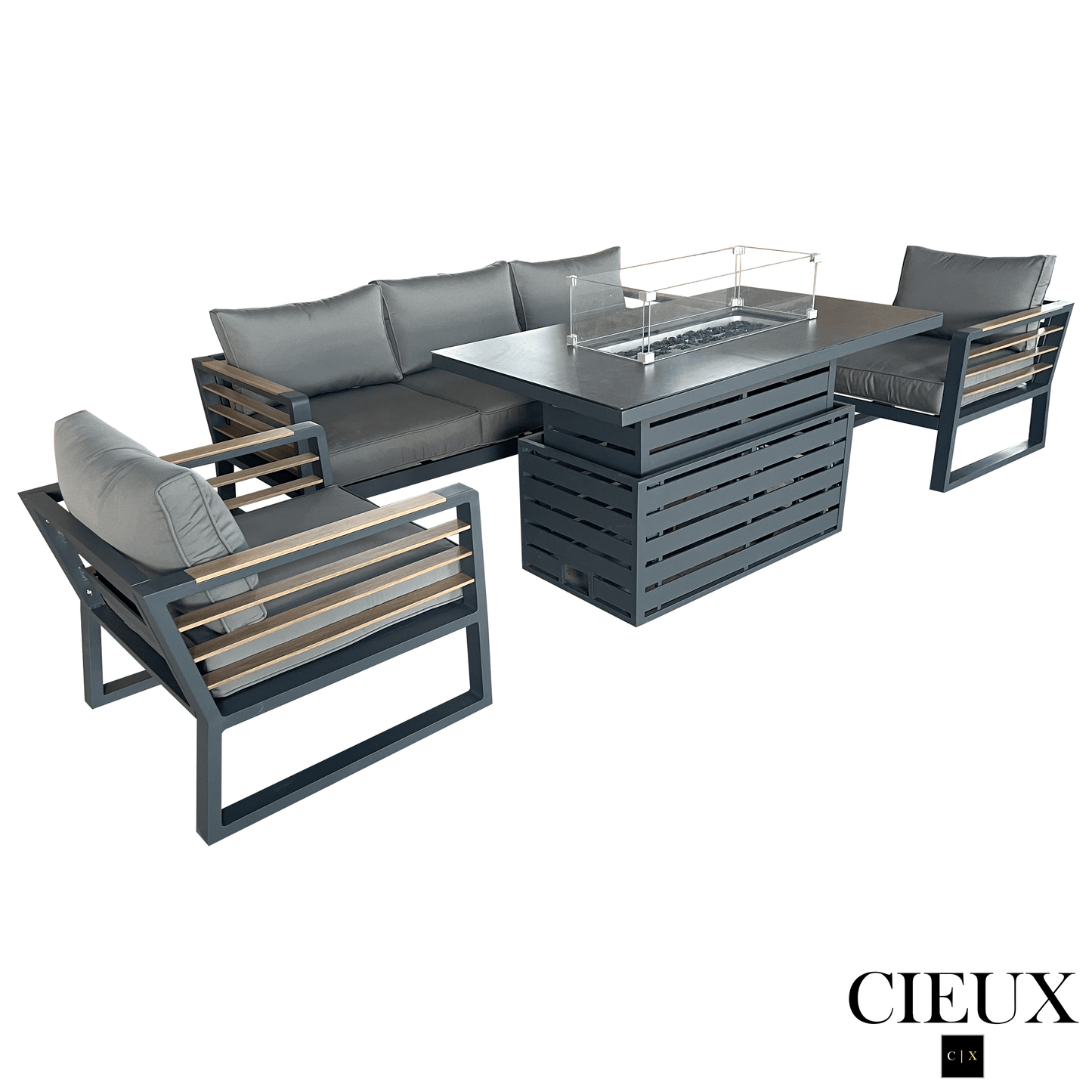 CIEUX Sofa Set Avignon 4 Piece Outdoor Patio Aluminum Metal Sofa and 2 Club Chairs Conversation Set with Alsace Fire Pit Adjustable Height Table in Midnight Grey with Sunbrella Cushions in Canvas Charcoal