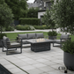 CIEUX Avignon 4 Piece Outdoor Patio Aluminum Metal Sofa and 2 Club Chairs Conversation Set with Alsace Fire Pit Adjustable Height Table in Midnight Grey with Sunbrella Cushions in Canvas Charcoal, image 1