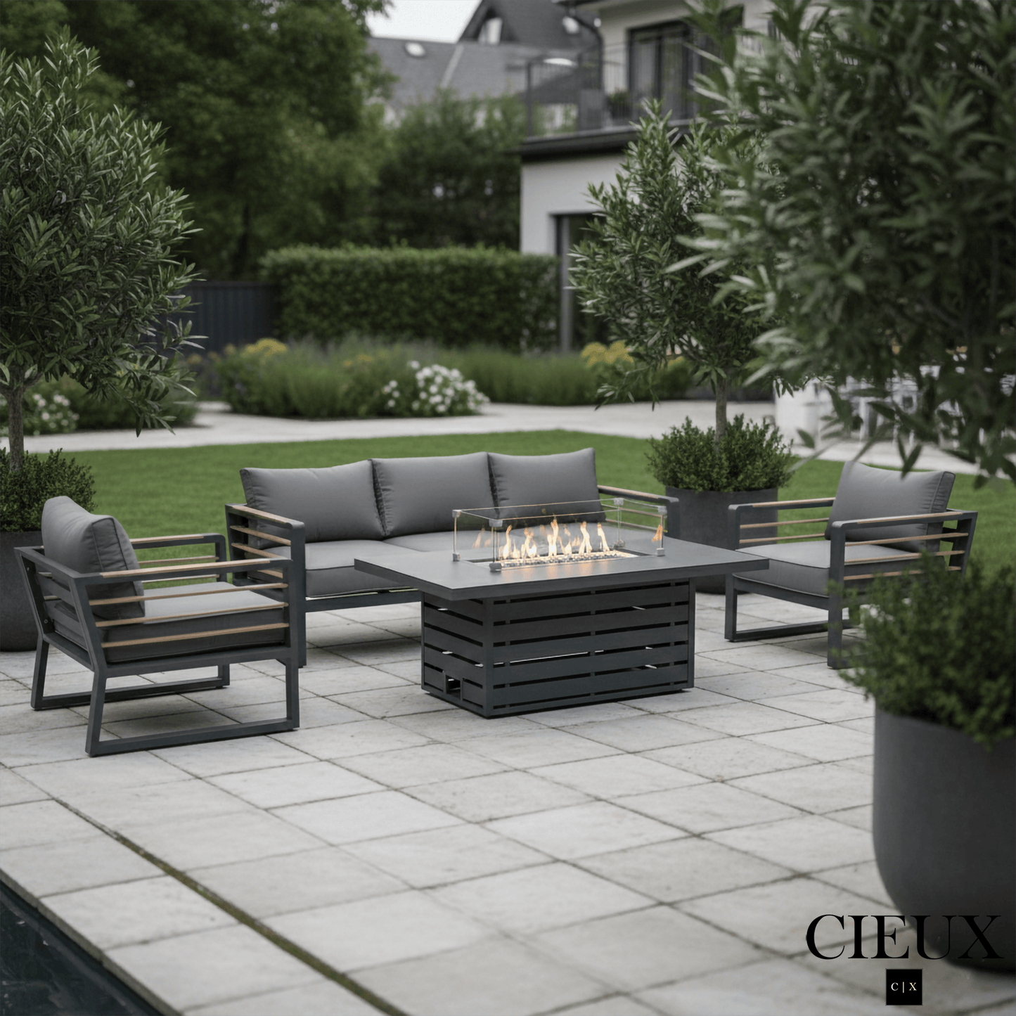 CIEUX Avignon 4 Piece Outdoor Patio Aluminum Metal Sofa and 2 Club Chairs Conversation Set with Alsace Fire Pit Adjustable Height Table in Midnight Grey with Sunbrella Cushions in Canvas Charcoal, image 1
