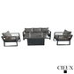 CIEUX Sofa Set Avignon 4 Piece Outdoor Patio Aluminum Metal Sofa and 2 Club Chairs Conversation Set with Alsace Fire Pit Adjustable Height Table in Midnight Grey with Sunbrella Cushions in Canvas Charcoal