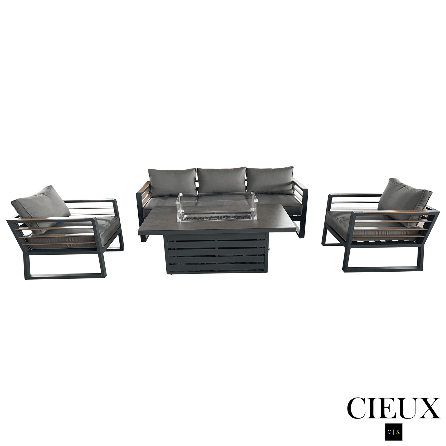 CIEUX Sofa Set Avignon 4 Piece Outdoor Patio Aluminum Metal Sofa and 2 Club Chairs Conversation Set with Alsace Fire Pit Adjustable Height Table in Midnight Grey with Sunbrella Cushions in Canvas Charcoal