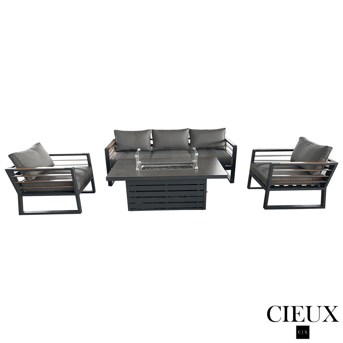 CIEUX Avignon 4 Piece Outdoor Patio Aluminum Metal Sofa and 2 Club Chairs Conversation Set with Alsace Fire Pit Adjustable Height Table in Midnight Grey with Sunbrella Cushions in Canvas Charcoal, image 4