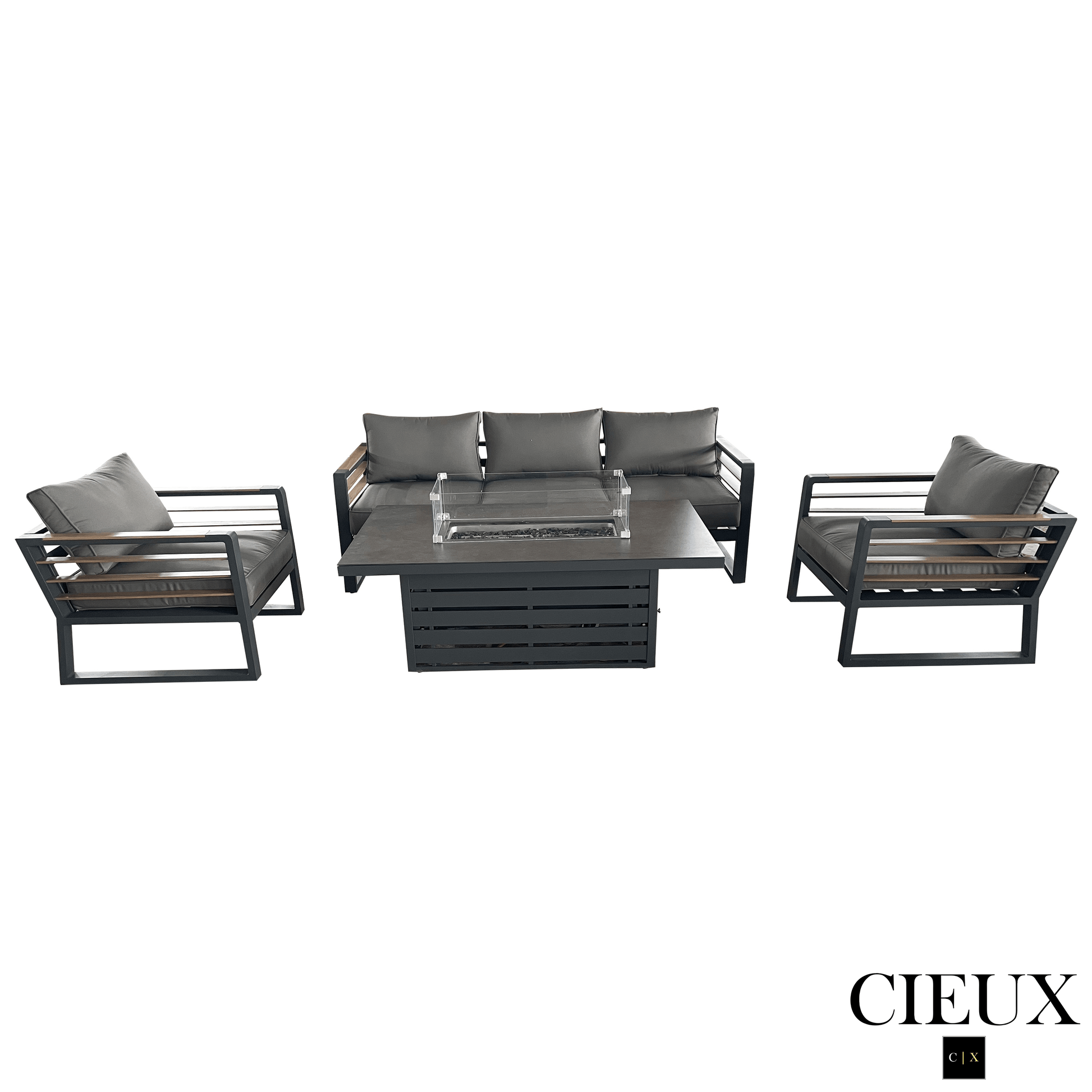 CIEUX Avignon 4 Piece Outdoor Patio Aluminum Metal Sofa and 2 Club Chairs Conversation Set with Alsace Fire Pit Adjustable Height Table in Midnight Grey with Sunbrella Cushions in Canvas Charcoal, image 4