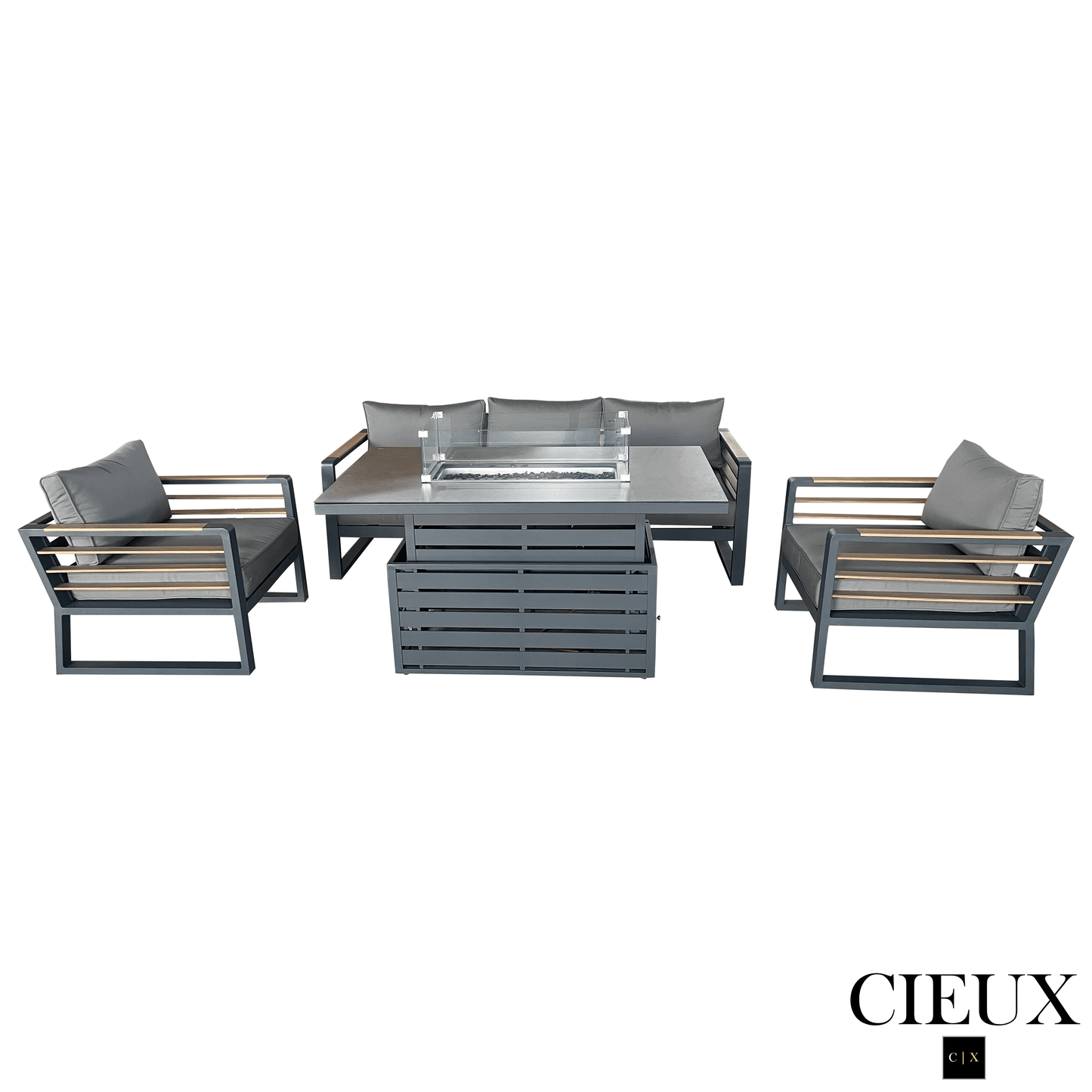 CIEUX Avignon 4 Piece Outdoor Patio Aluminum Metal Sofa and 2 Club Chairs Conversation Set with Alsace Fire Pit Adjustable Height Table in Midnight Grey with Sunbrella Cushions in Canvas Charcoal, image 5