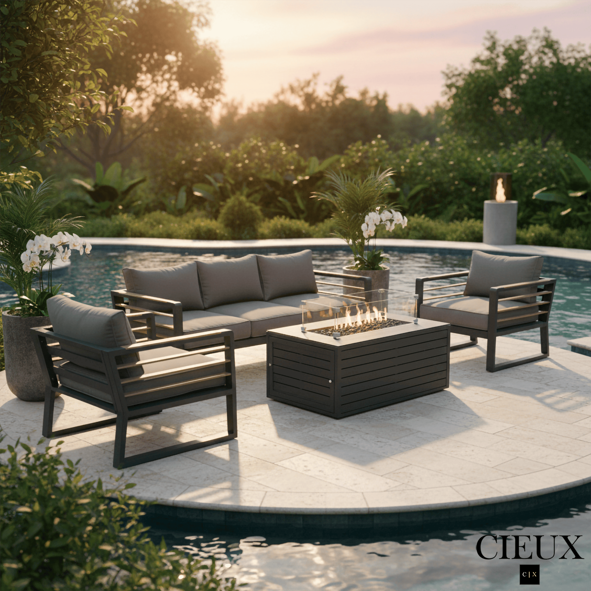 CIEUX Sofa Set Avignon 4 Piece Outdoor Patio Aluminum Metal Sofa and 2 Club Chairs Conversation Set with Annency Fire Pit Coffee Table in Midnight Grey with Sunbrella Cushions in Canvas Charcoal