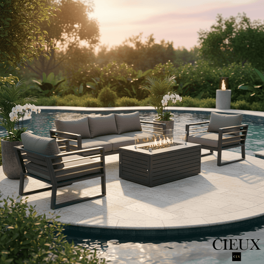 CIEUX Sofa Set Avignon 4 Piece Outdoor Patio Aluminum Metal Sofa and 2 Club Chairs Conversation Set with Annency Fire Pit Coffee Table in Midnight Grey with Sunbrella Cushions in Canvas Charcoal