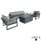CIEUX Sofa Set Avignon 4 Piece Outdoor Patio Aluminum Metal Sofa and 2 Club Chairs Conversation Set with Annency Fire Pit Coffee Table in Midnight Grey with Sunbrella Cushions in Canvas Charcoal